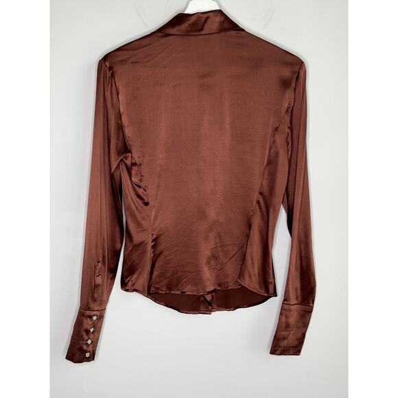 Cache Y2K Silk Long Sleeve Collared Pearl Snap Satin Button-Up Shirt Brown Small - Picture 8 of 8